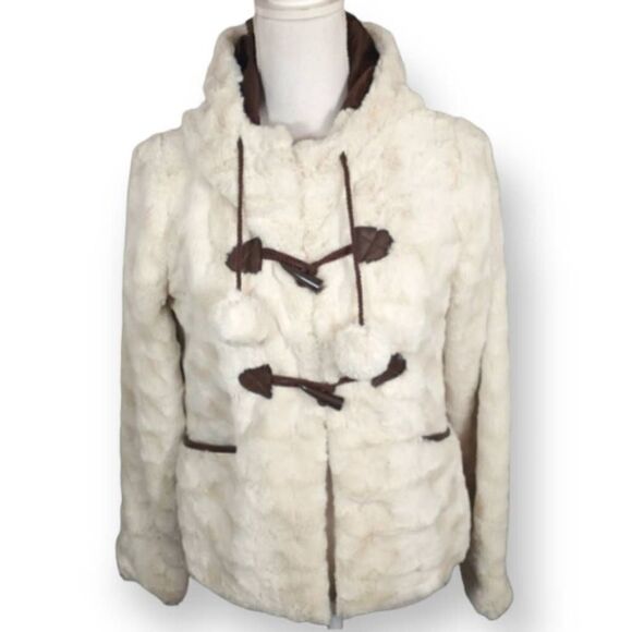 YOKI GIRLS CREAM & BROWN FAUX FUR HOODED JACKET W/POM POMS SZ.M GUC - Picture 1 of 8